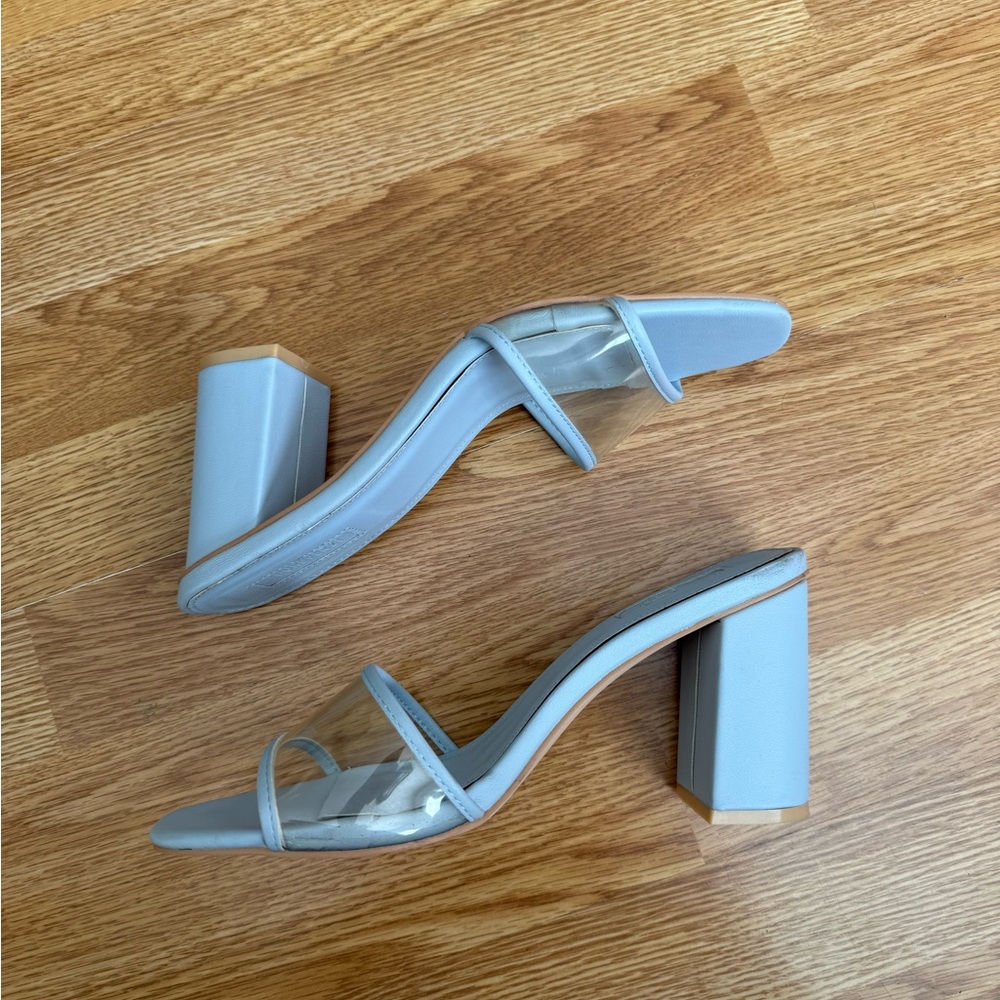 baby blue elegant mule block heels with clear upper, marked size 10